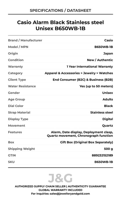 Casio Alarm Black Stainless steel Unisex B650WB-1B - Specifications