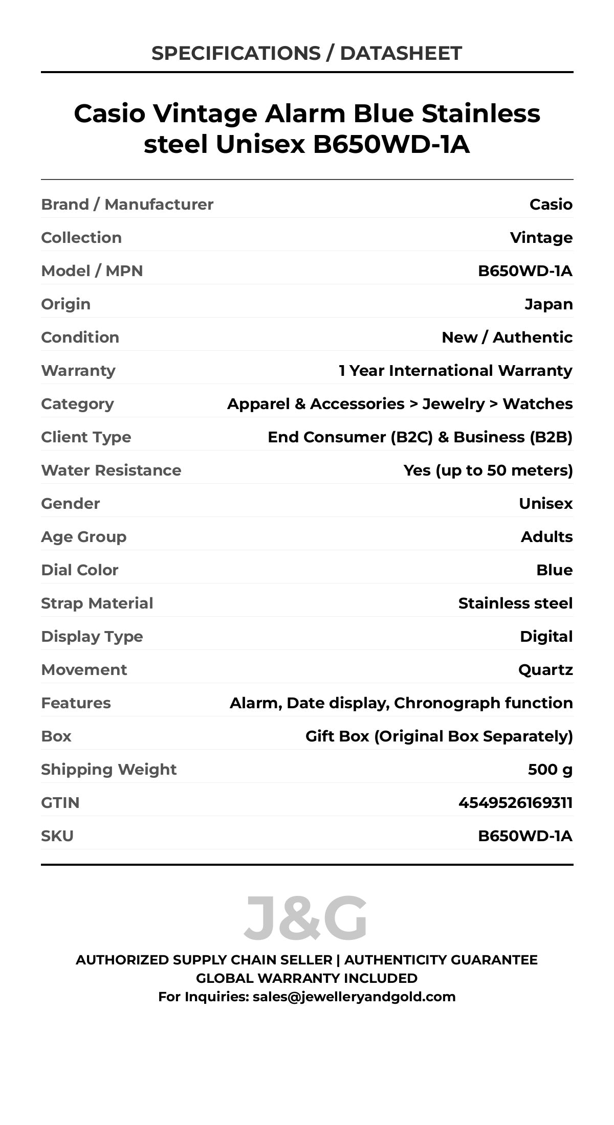 Casio Vintage Alarm Blue Stainless steel Unisex B650WD-1A - Specifications