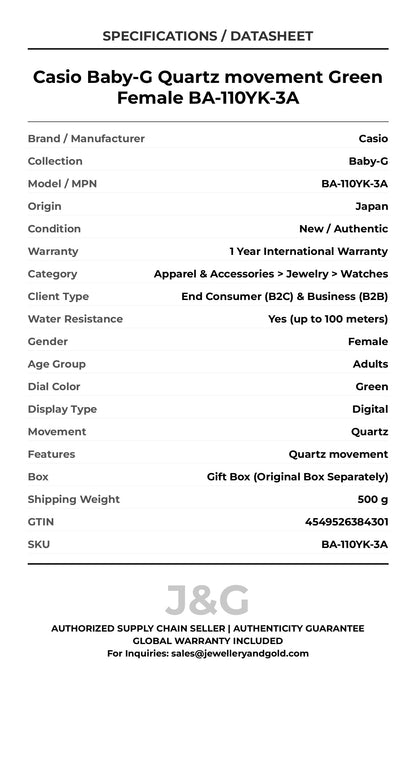 Casio Baby-G Quartz movement Green Female BA-110YK-3A - Specifications