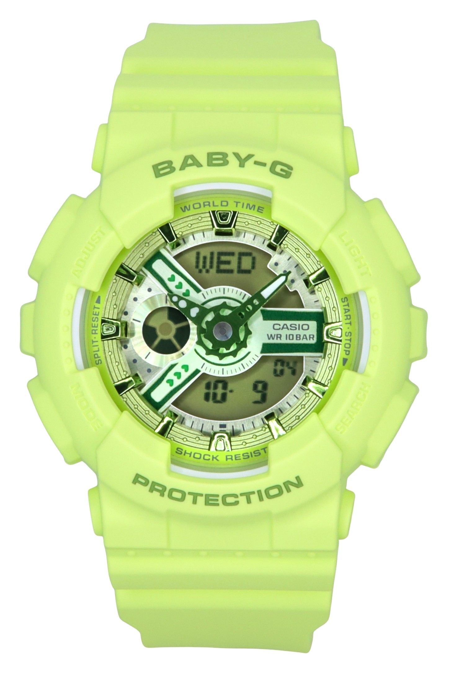 Casio Baby-G Quartz movement Green Female BA-110YK-3A. A brand-new Casio Baby-G watch featuring a Green dial. Front view.