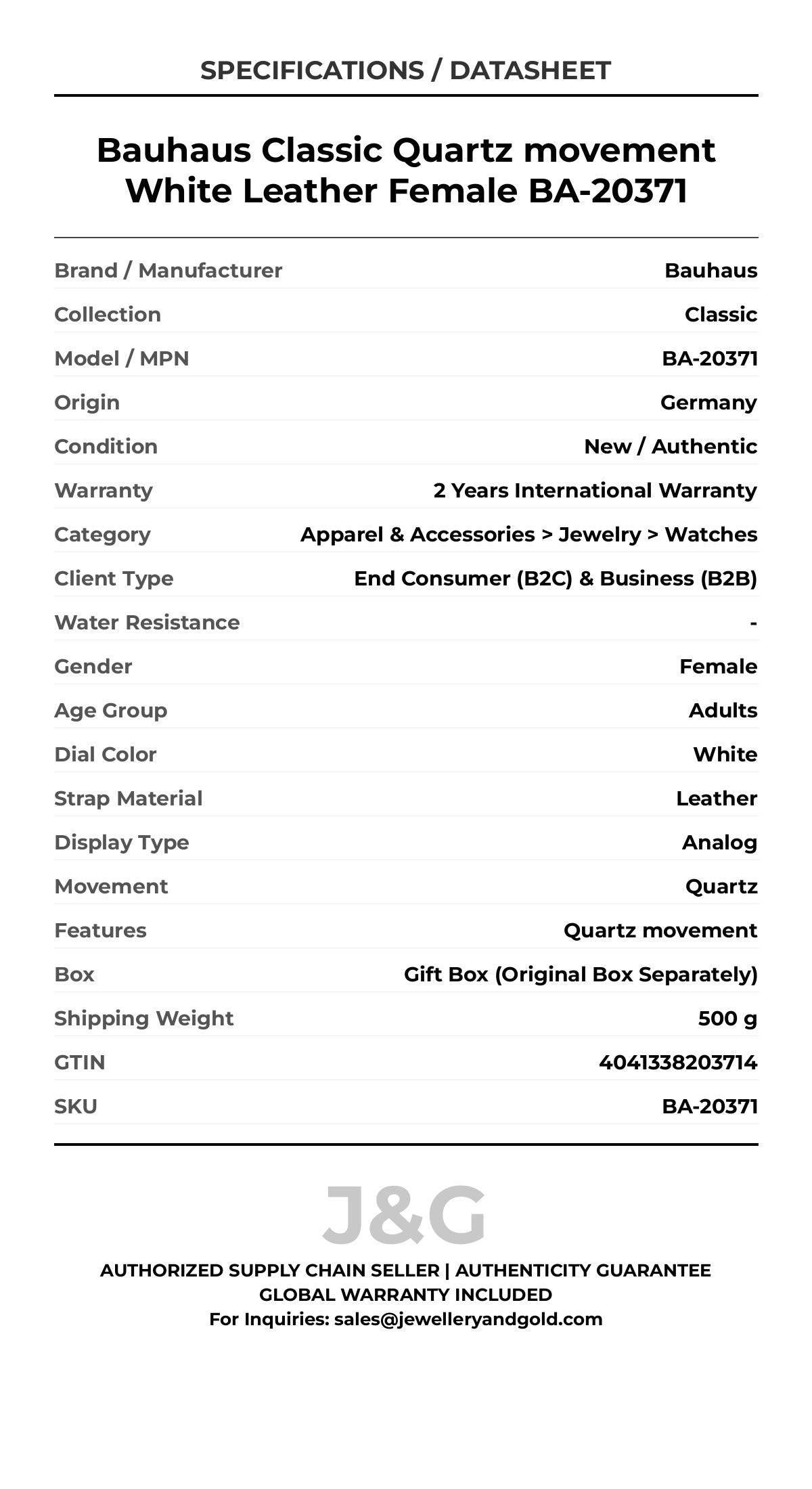 Bauhaus Classic Quartz movement White Leather Female BA-20371 - Specifications