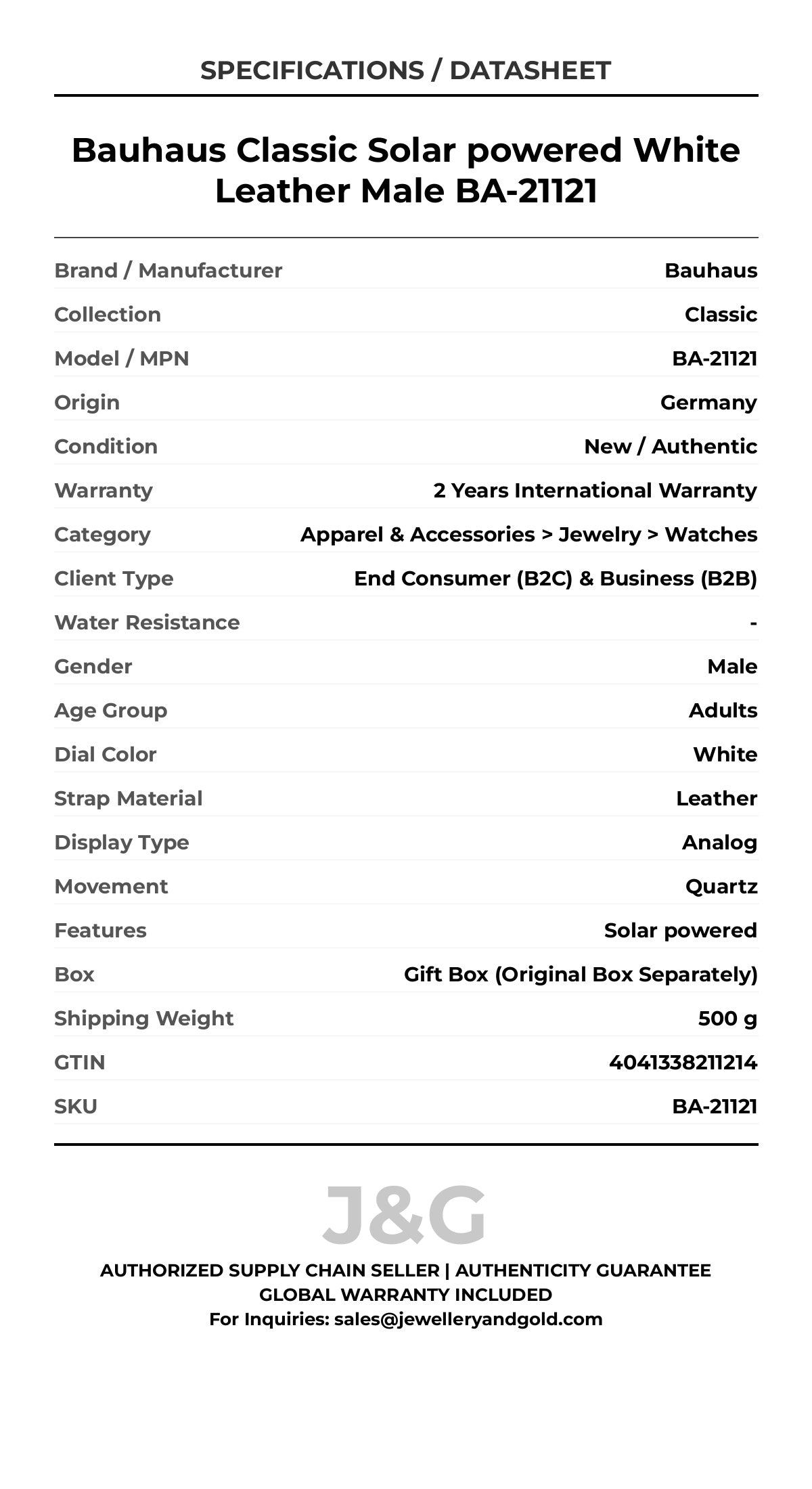 Bauhaus Classic Solar powered White Leather Male BA-21121 - Specifications