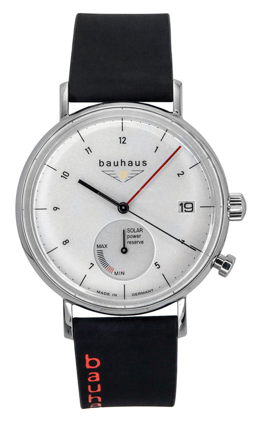Bauhaus Classic Solar powered White Leather Male BA-21121. A brand-new Bauhaus Classic watch featuring a White dial and a Leather strap. Side view.