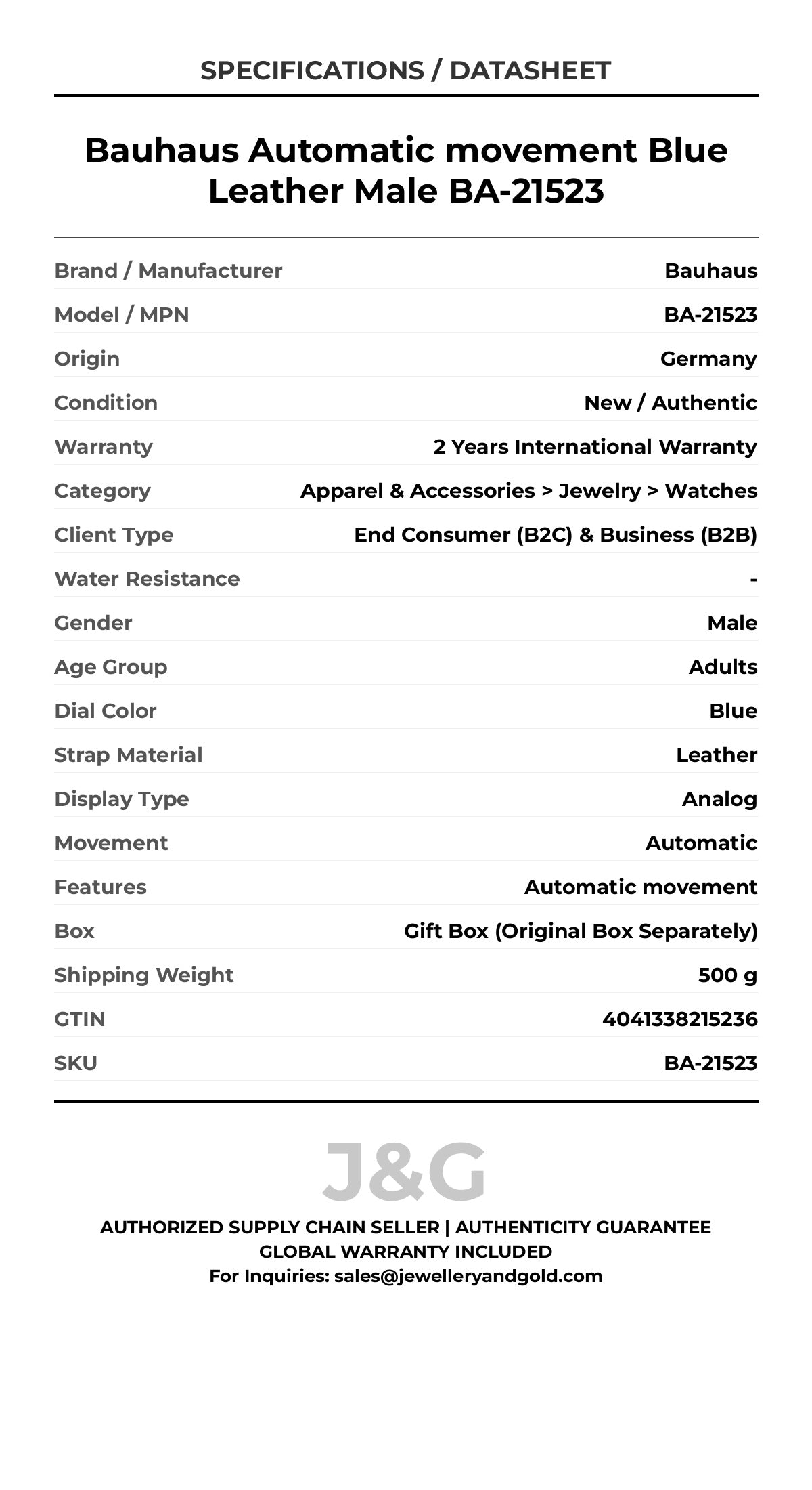 Bauhaus Automatic movement Blue Leather Male BA-21523 - Specifications