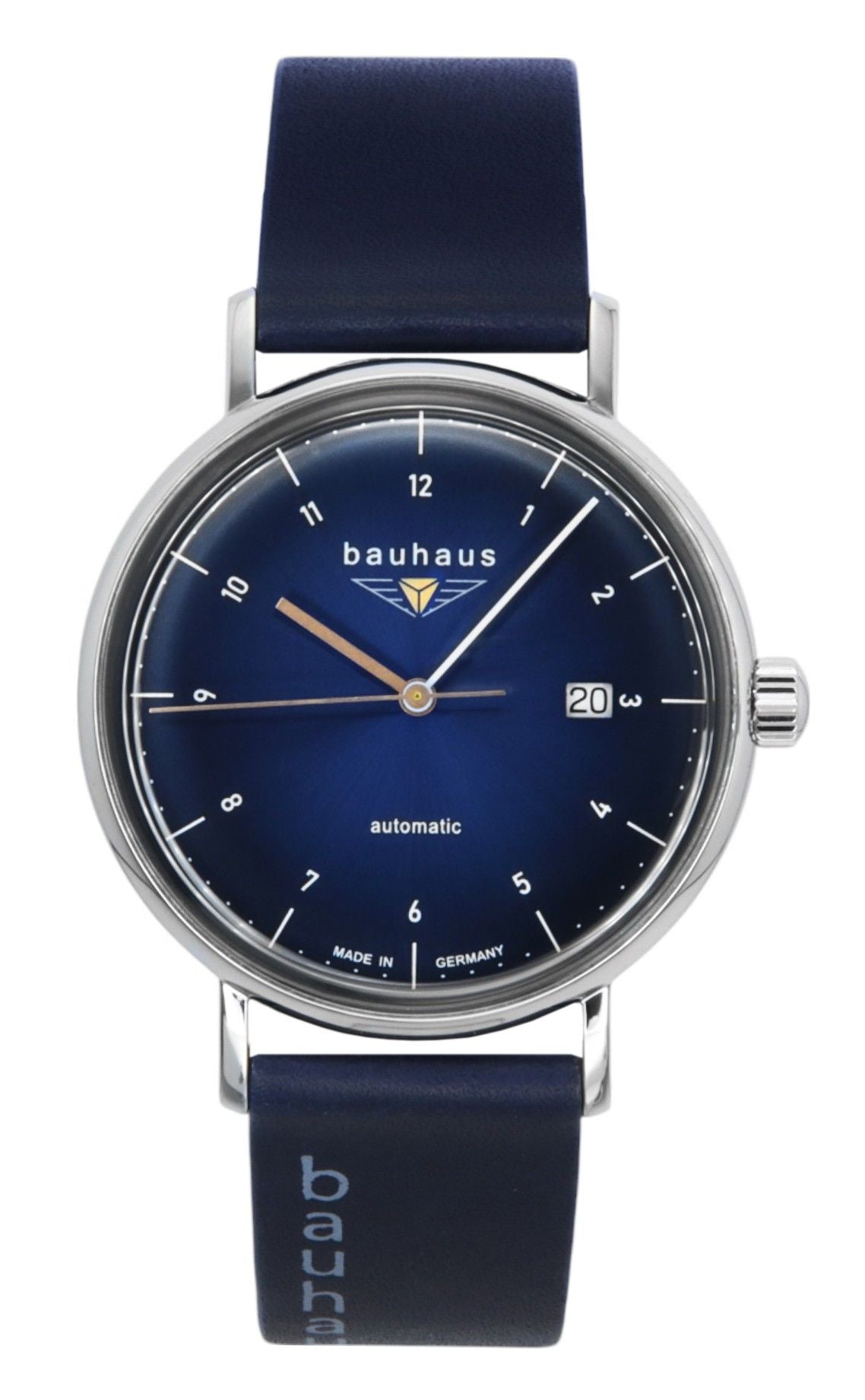 Bauhaus Automatic movement Blue Leather Male BA-21523. A brand-new Bauhaus watch featuring a Blue dial and a Leather strap. Side view.