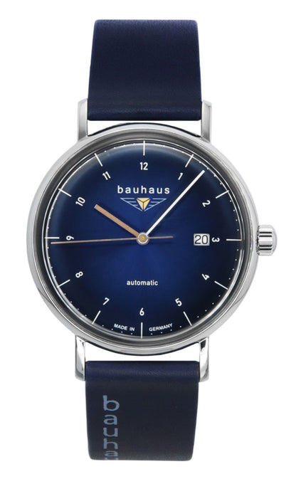 Bauhaus Automatic movement Blue Leather Male BA-21523. A brand-new Bauhaus watch featuring a Blue dial and a Leather strap. Side view.