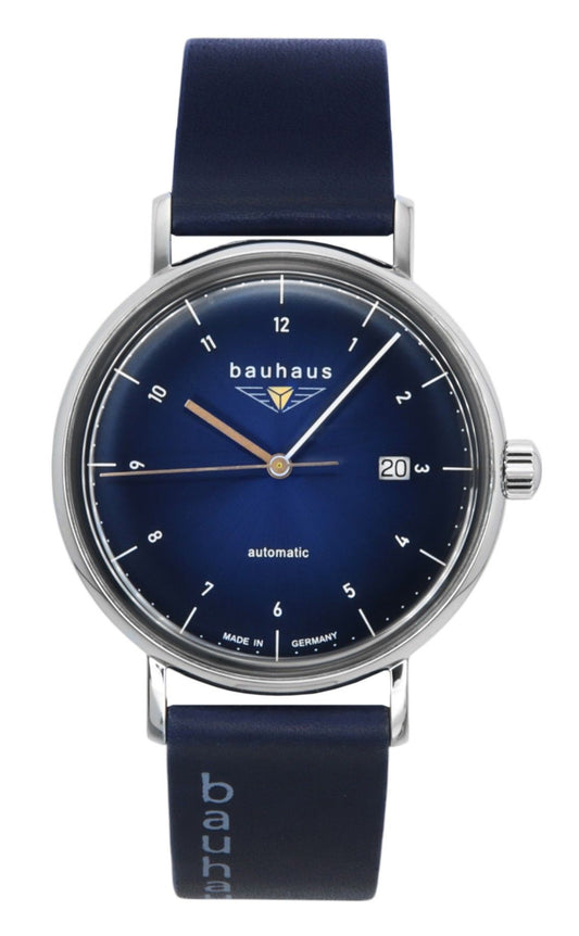 Bauhaus Automatic movement Blue Leather Male BA-21523. A brand-new Bauhaus watch featuring a Blue dial and a Leather strap. Side view.
