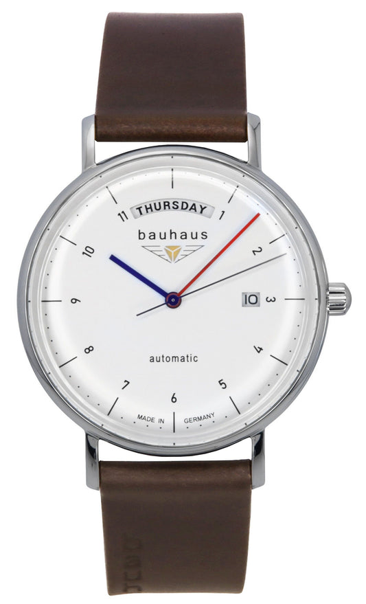 Bauhaus Classic Automatic movement White Leather Male BA-21621. A brand-new Bauhaus Classic watch featuring a White dial and a Leather strap. Angled view.