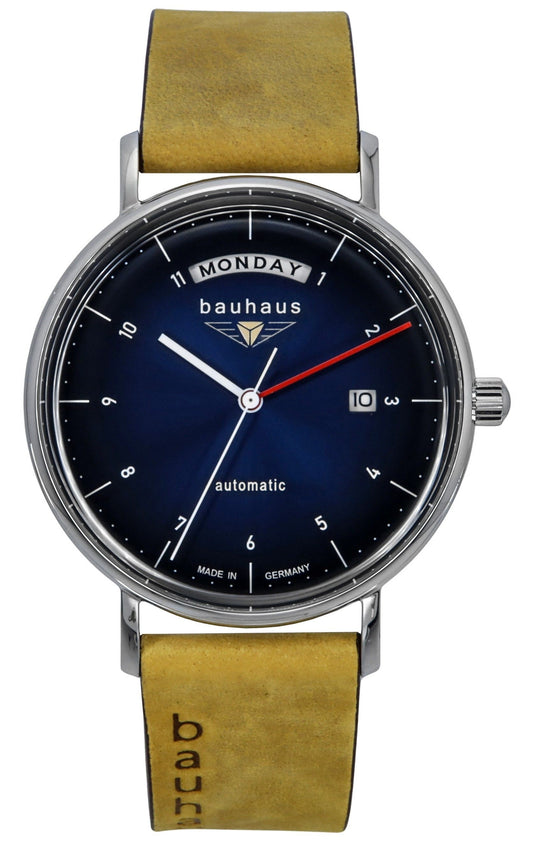 Bauhaus Classic Automatic movement Blue Leather Male BA-21623. A brand-new Bauhaus Classic watch featuring a Blue dial and a Leather strap. Angled view.