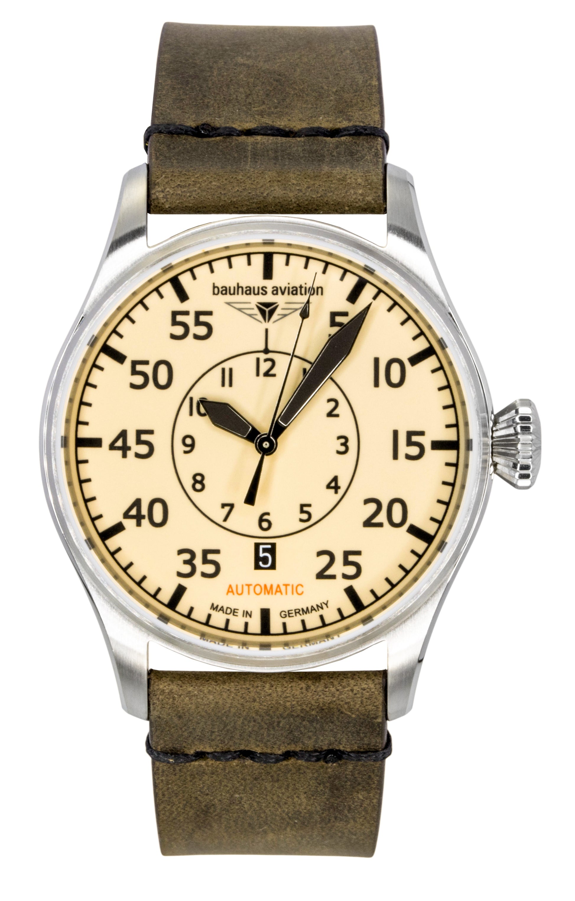 Bauhaus Aviation Automatic movement Beige Leather Male BA-27565. A brand-new Bauhaus Aviation watch featuring a Beige dial and a Leather strap. Angled view.