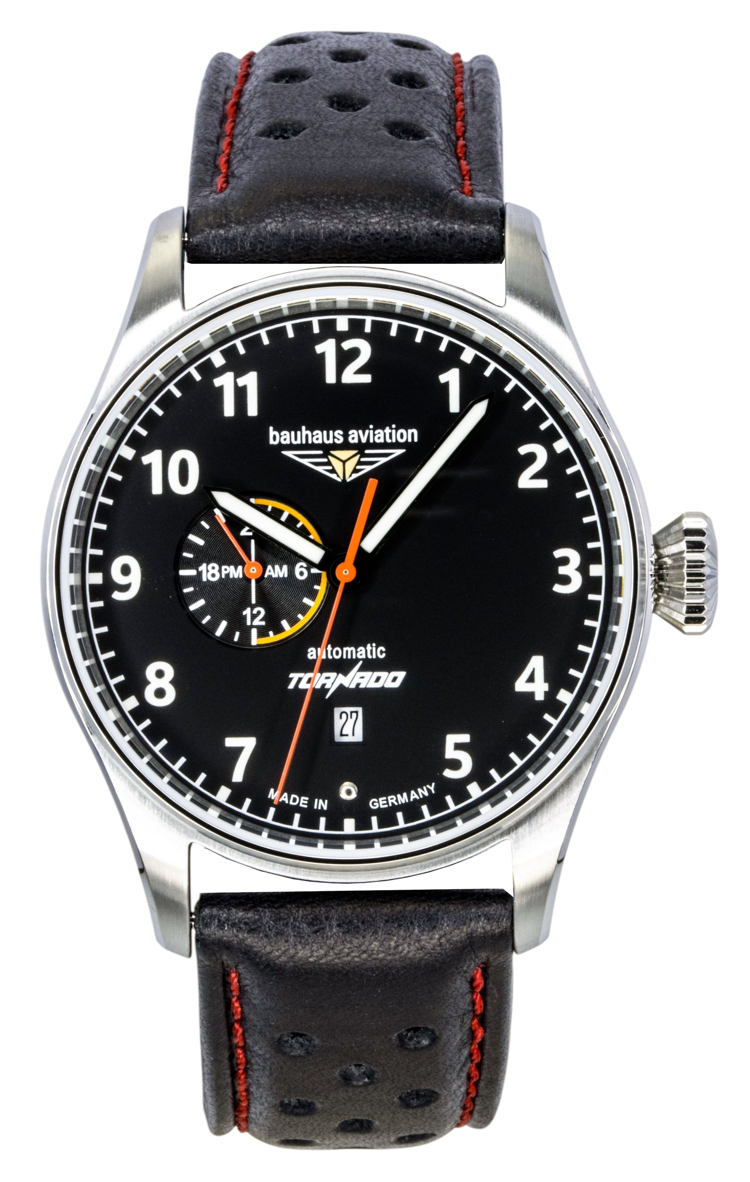 Bauhaus Aviation Automatic movement Black Leather Male BA-27642. A brand-new Bauhaus Aviation watch featuring a Black dial and a Leather strap. Side view.