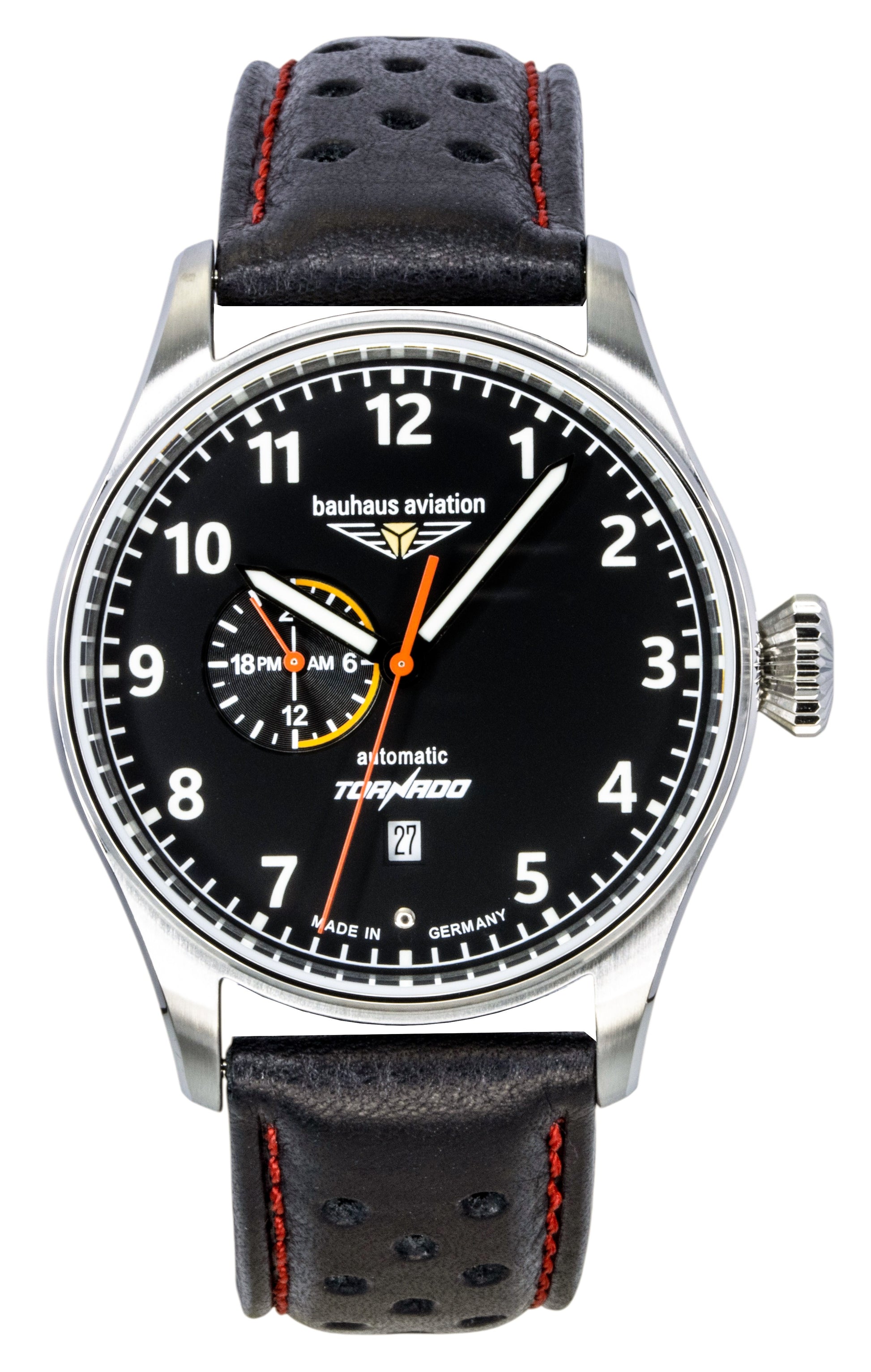 Bauhaus Aviation Automatic movement Black Leather Male BA-27642. A brand-new Bauhaus Aviation watch featuring a Black dial and a Leather strap. Side view.