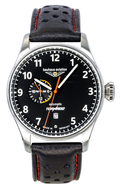 Bauhaus Aviation Automatic movement Black Leather Male BA-27642. A brand-new Bauhaus Aviation watch featuring a Black dial and a Leather strap. Side view.