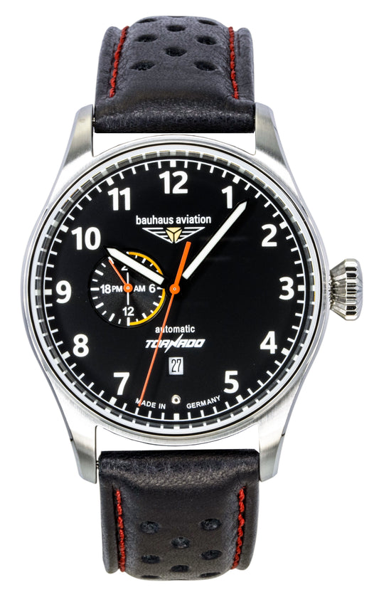 Bauhaus Aviation Automatic movement Black Leather Male BA-27642. A brand-new Bauhaus Aviation watch featuring a Black dial and a Leather strap. Side view.