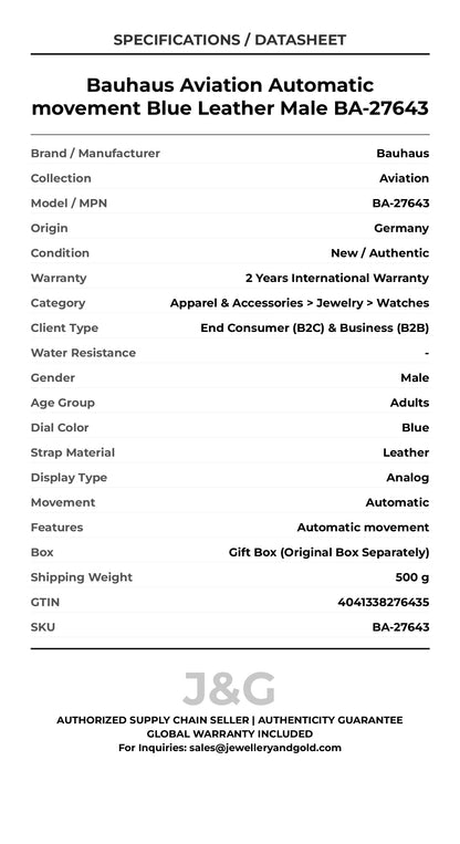 Bauhaus Aviation Automatic movement Blue Leather Male BA-27643 - Specifications