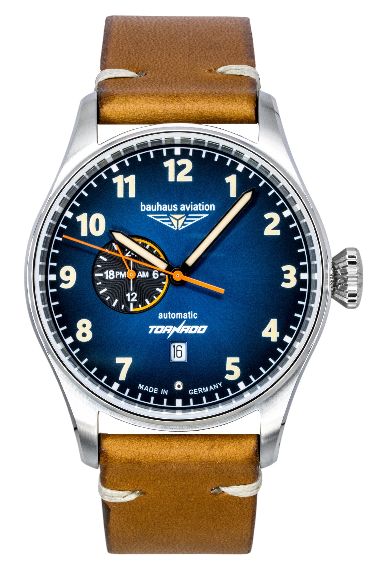 Bauhaus Aviation Automatic movement Blue Leather Male BA-27643. A brand-new Bauhaus Aviation watch featuring a Blue dial and a Leather strap. Front view.