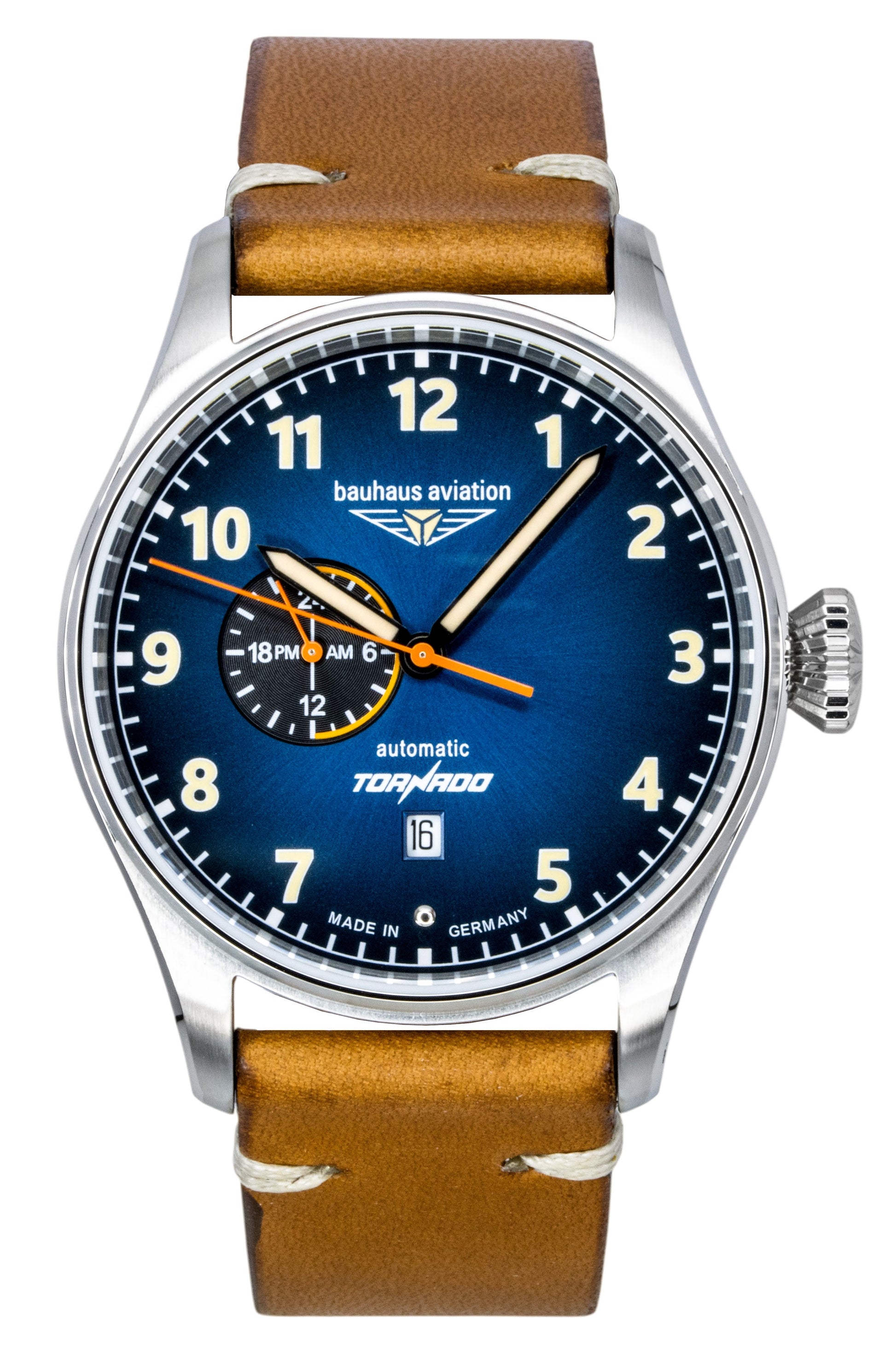 Bauhaus Aviation Automatic movement Blue Leather Male BA-27643. A brand-new Bauhaus Aviation watch featuring a Blue dial and a Leather strap. Front view.