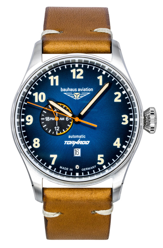 Bauhaus Aviation Automatic movement Blue Leather Male BA-27643. A brand-new Bauhaus Aviation watch featuring a Blue dial and a Leather strap. Front view.