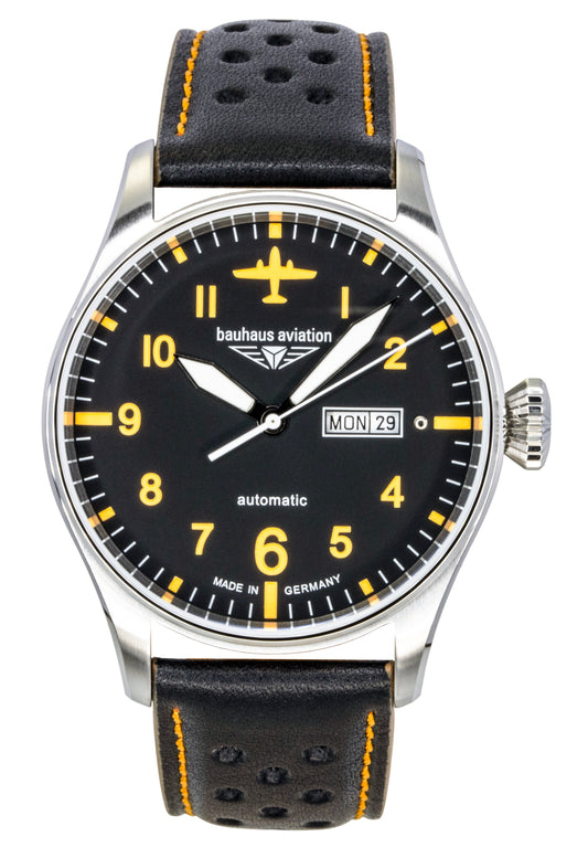 Bauhaus Aviation Automatic movement Black Leather Male BA-27665. A brand-new Bauhaus Aviation watch featuring a Black dial and a Leather strap. Front view.