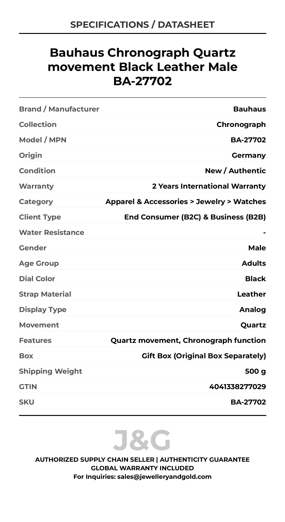 Bauhaus Chronograph Quartz movement Black Leather Male BA-27702 - Specifications