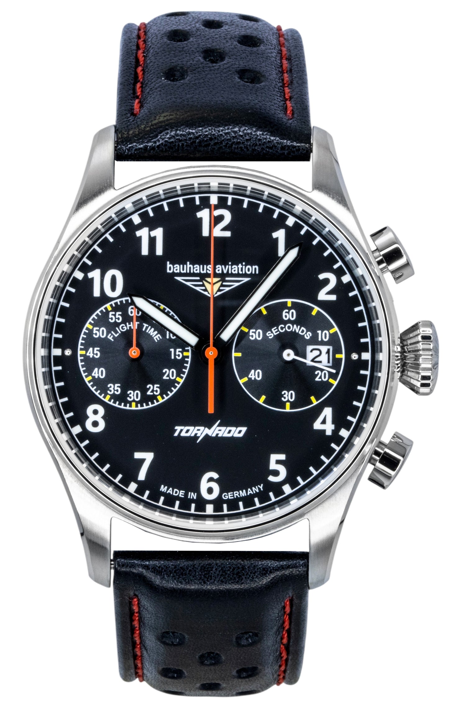 Bauhaus Chronograph Quartz movement Black Leather Male BA-27702. A brand-new Bauhaus Chronograph watch featuring a Black dial and a Leather strap. Angled view.