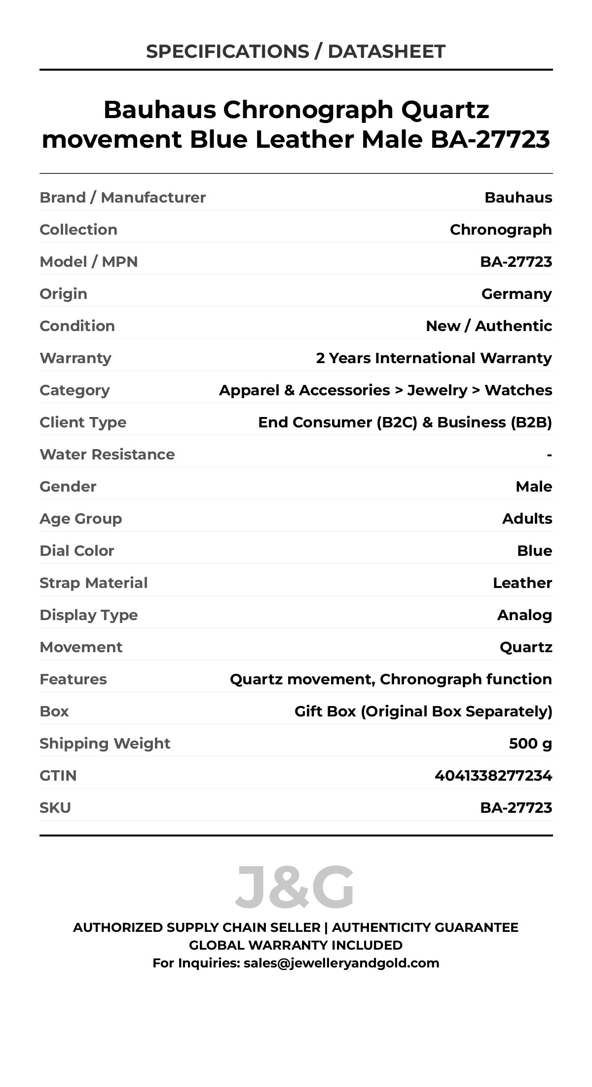 Bauhaus Chronograph Quartz movement Blue Leather Male BA-27723 - Specifications
