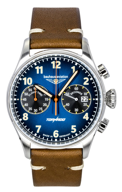Bauhaus Chronograph Quartz movement Blue Leather Male BA-27723. A brand-new Bauhaus Chronograph watch featuring a Blue dial and a Leather strap. Side view.