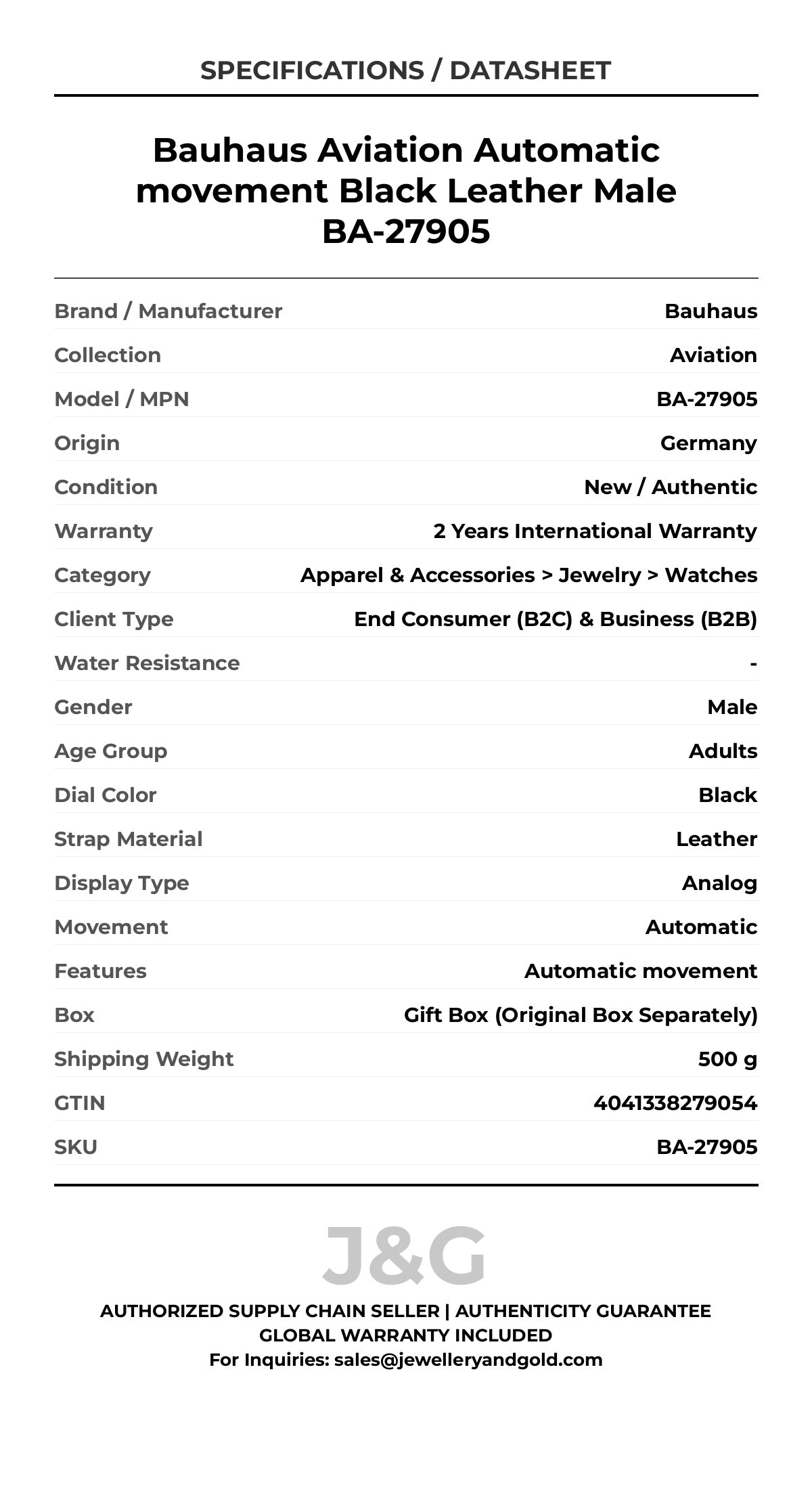 Bauhaus Aviation Automatic movement Black Leather Male BA-27905 - Specifications