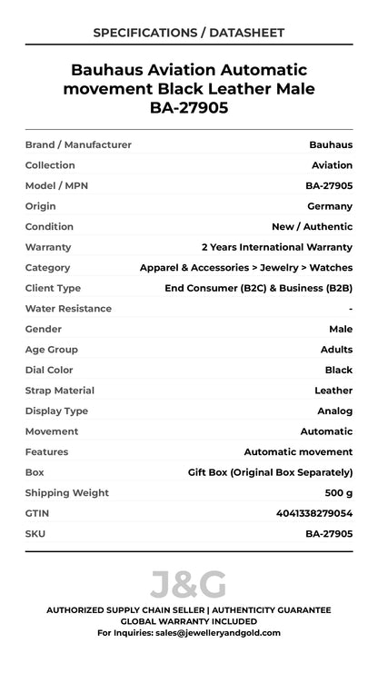 Bauhaus Aviation Automatic movement Black Leather Male BA-27905 - Specifications