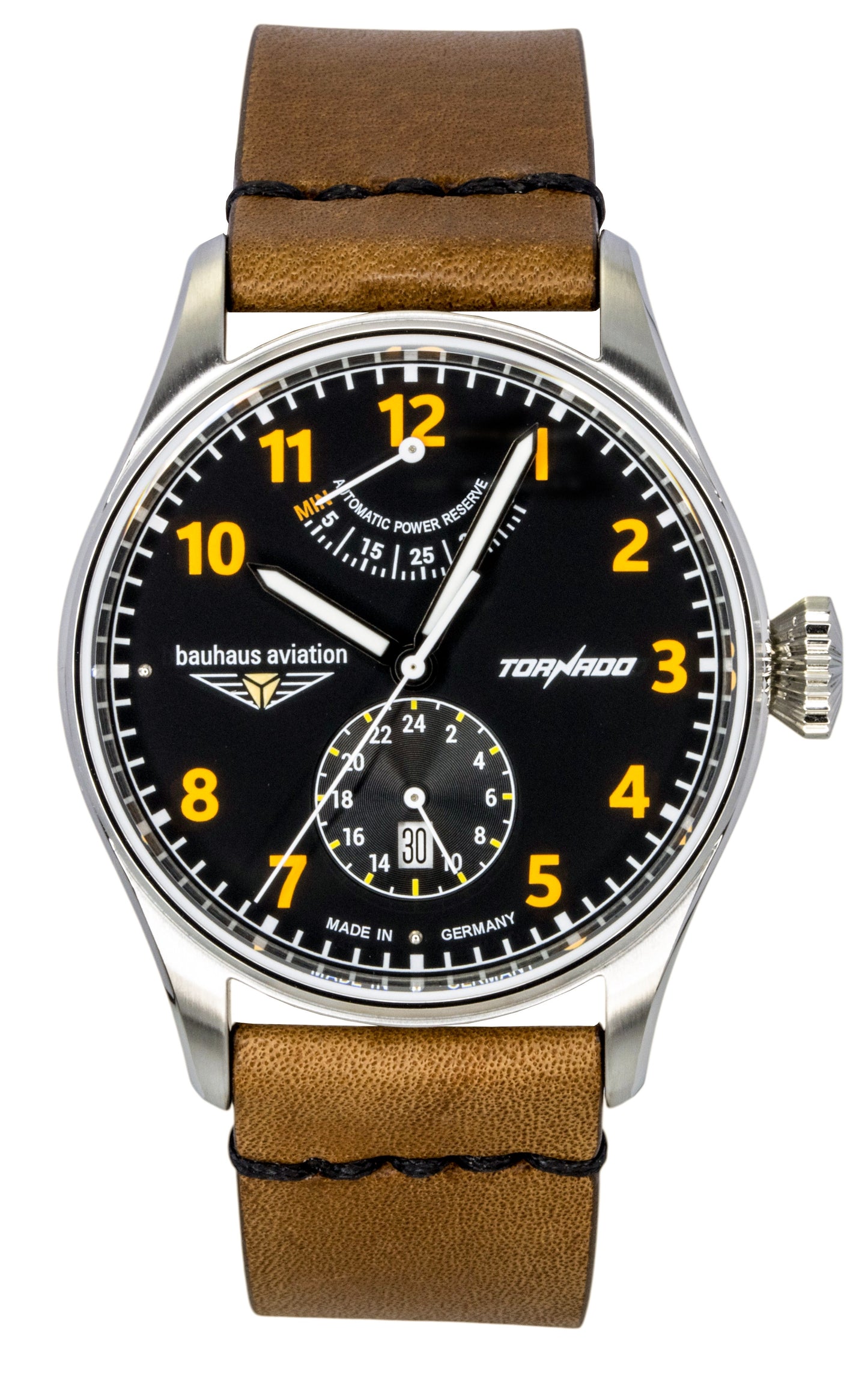 Bauhaus Aviation Automatic movement Black Leather Male BA-27905. A brand-new Bauhaus Aviation watch featuring a Black dial and a Leather strap. Angled view.