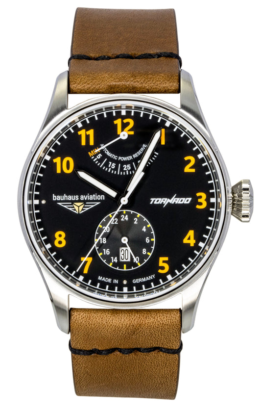 Bauhaus Aviation Automatic movement Black Leather Male BA-27905. A brand-new Bauhaus Aviation watch featuring a Black dial and a Leather strap. Angled view.