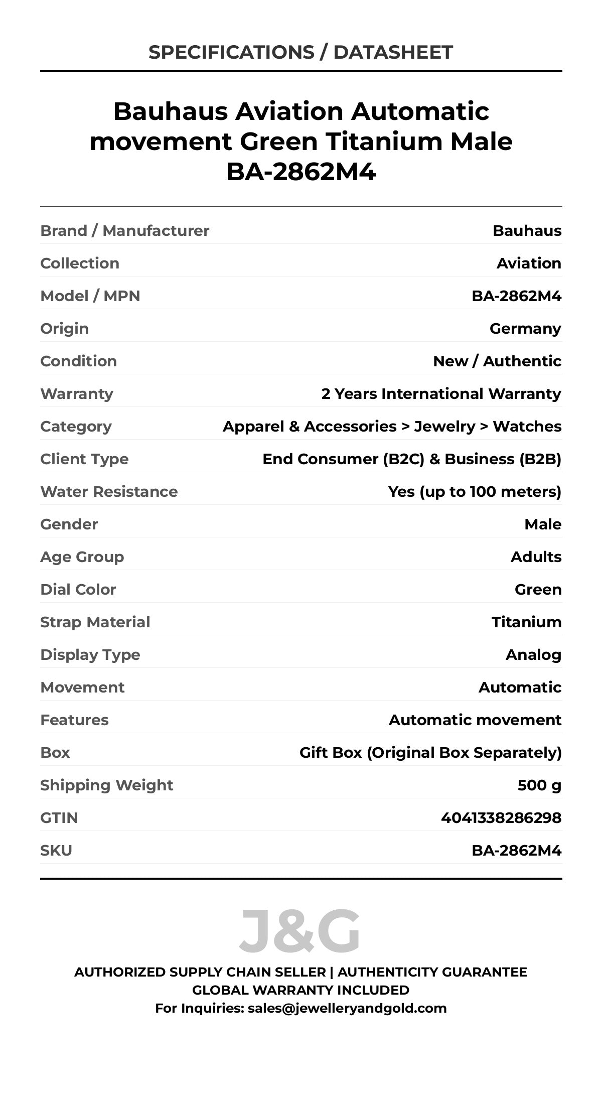 Bauhaus Aviation Automatic movement Green Titanium Male BA-2862M4 - Specifications