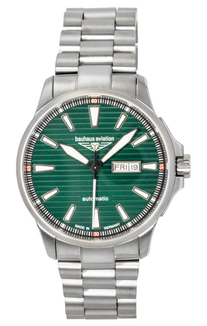 Bauhaus Aviation Automatic movement Green Titanium Male BA-2862M4. A brand-new Bauhaus Aviation watch featuring a Green dial and a Titanium strap. Side view.