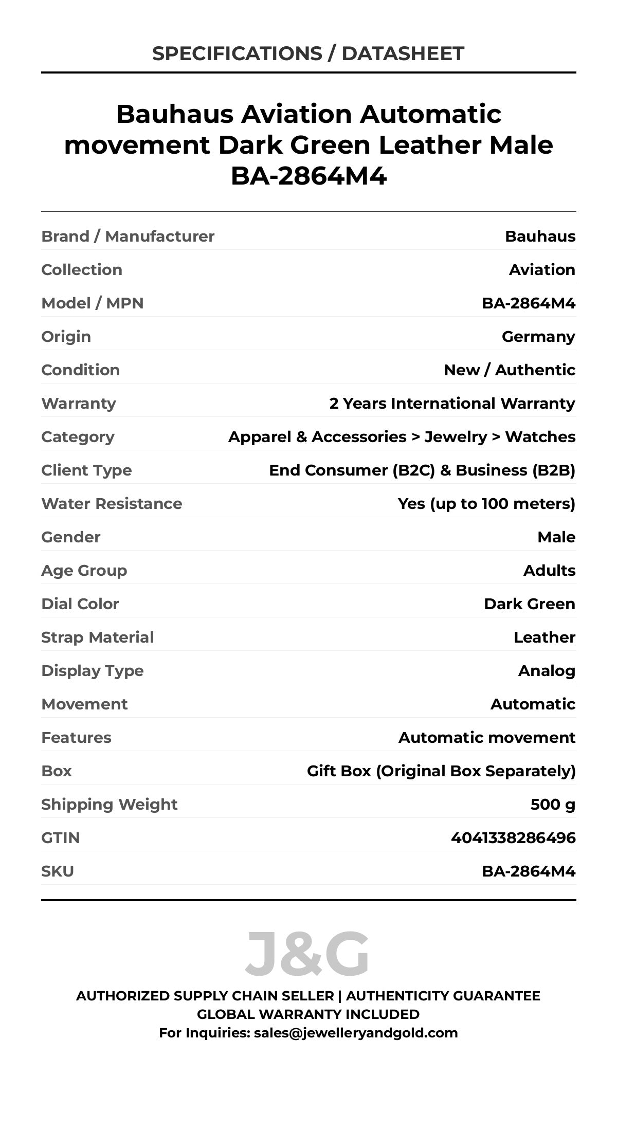 Bauhaus Aviation Automatic movement Dark Green Leather Male BA-2864M4 - Specifications