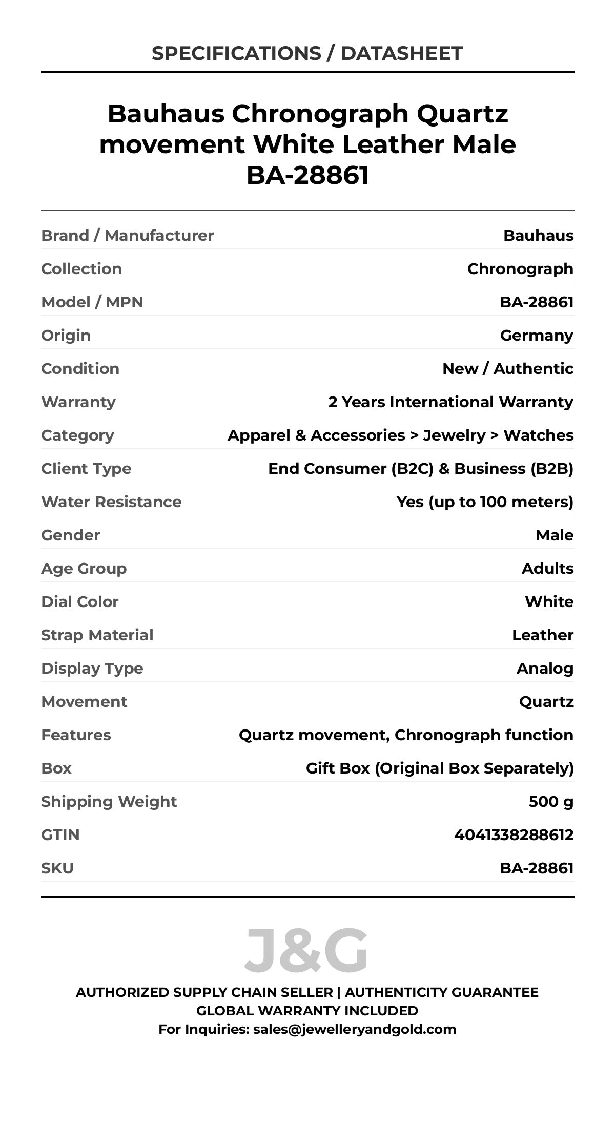 Bauhaus Chronograph Quartz movement White Leather Male BA-28861 - Specifications