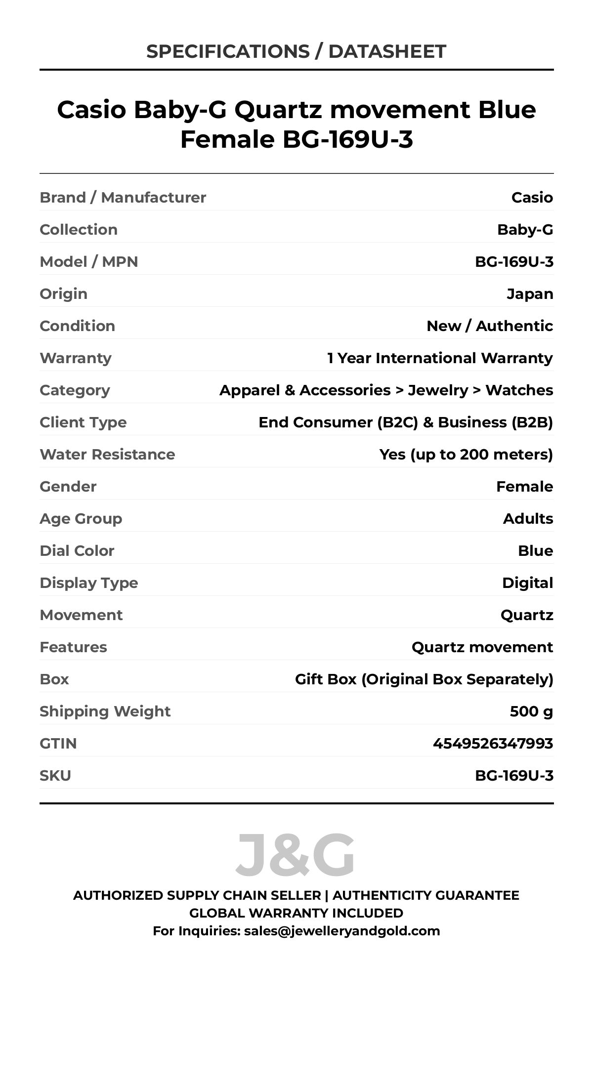 Casio Baby-G Quartz movement Blue Female BG-169U-3 - Specifications