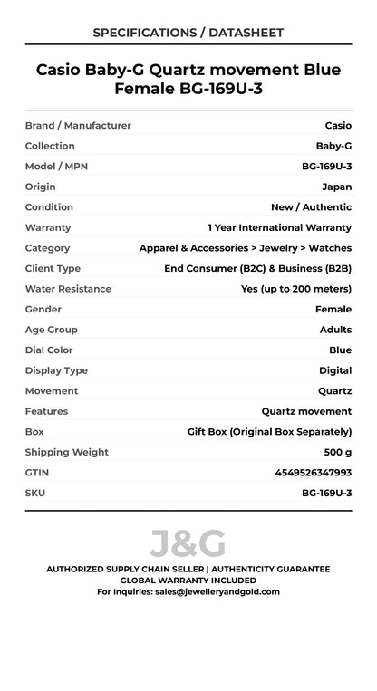 Casio Baby-G Quartz movement Blue Female BG-169U-3 - Specifications