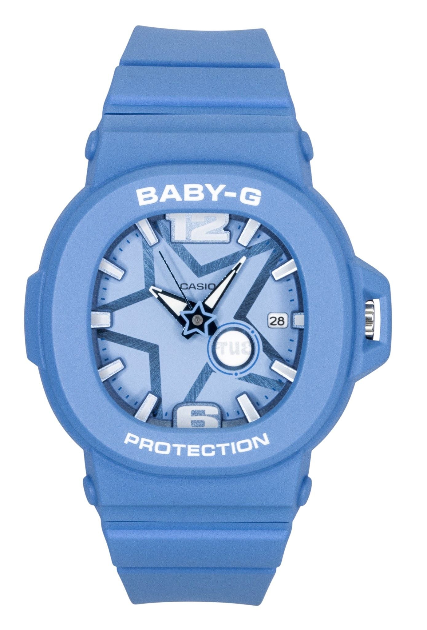 Casio Baby-G Quartz movement Blue Female BGA-10D-2A2. A brand-new Casio Baby-G watch featuring a Blue dial. Angled view.
