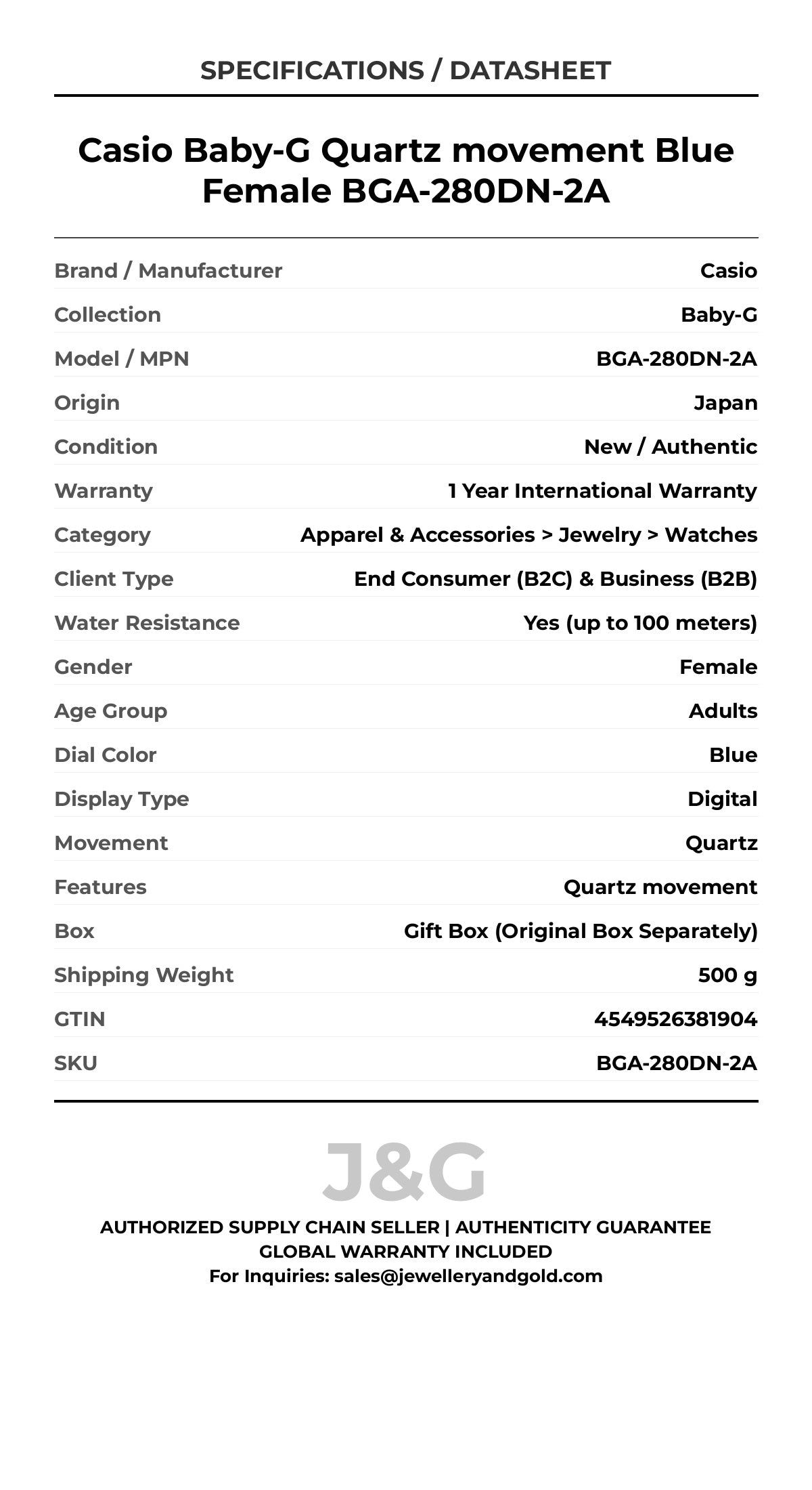 Casio Baby-G Quartz movement Blue Female BGA-280DN-2A - Specifications