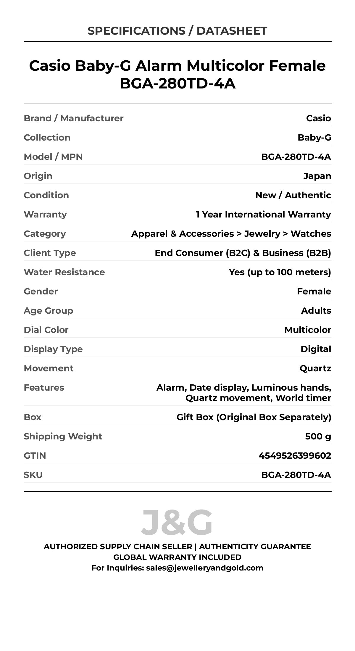 Casio Baby-G Alarm Multicolor Female BGA-280TD-4A - Specifications