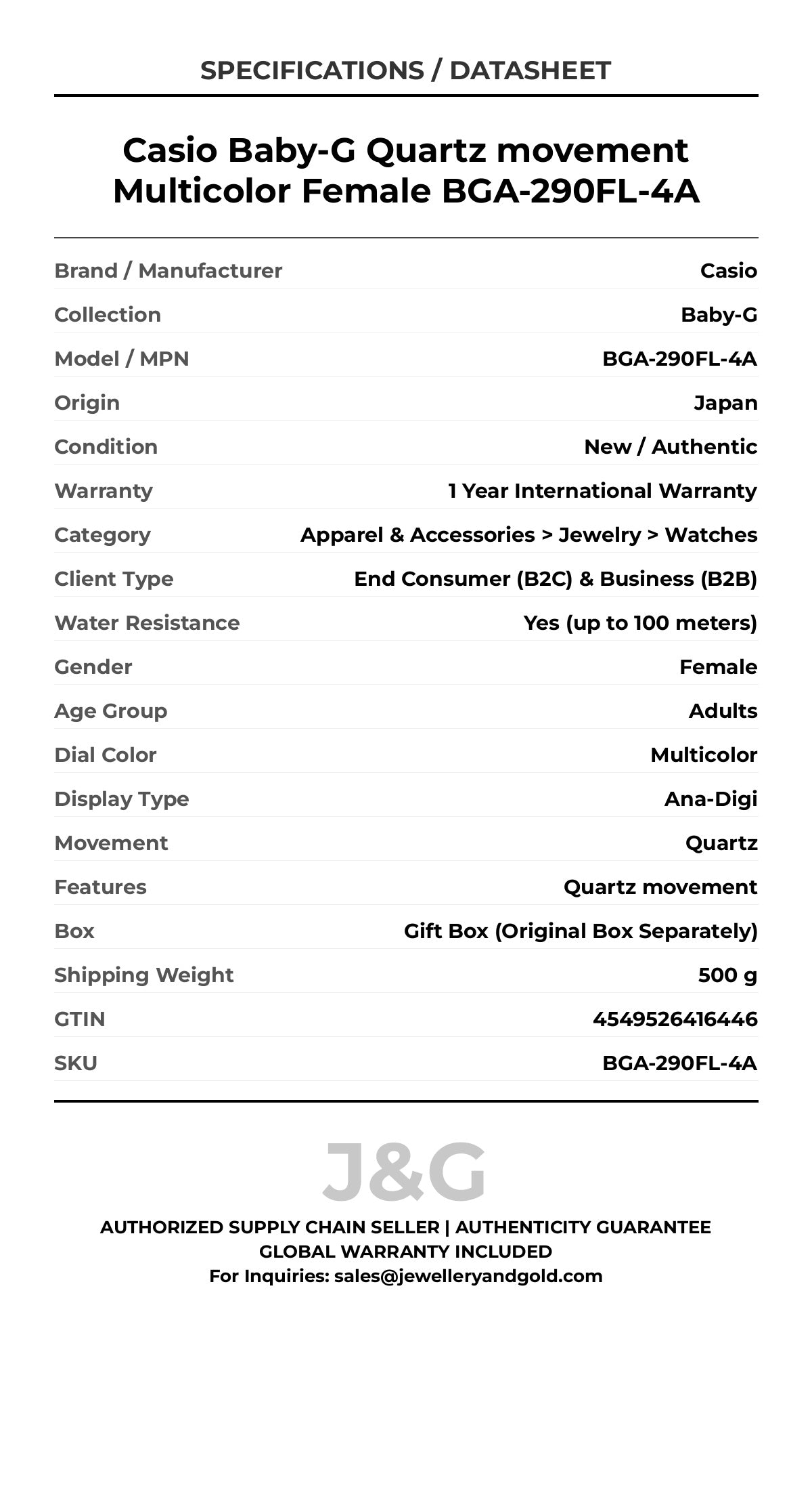Casio Baby-G Quartz movement Multicolor Female BGA-290FL-4A - Specifications