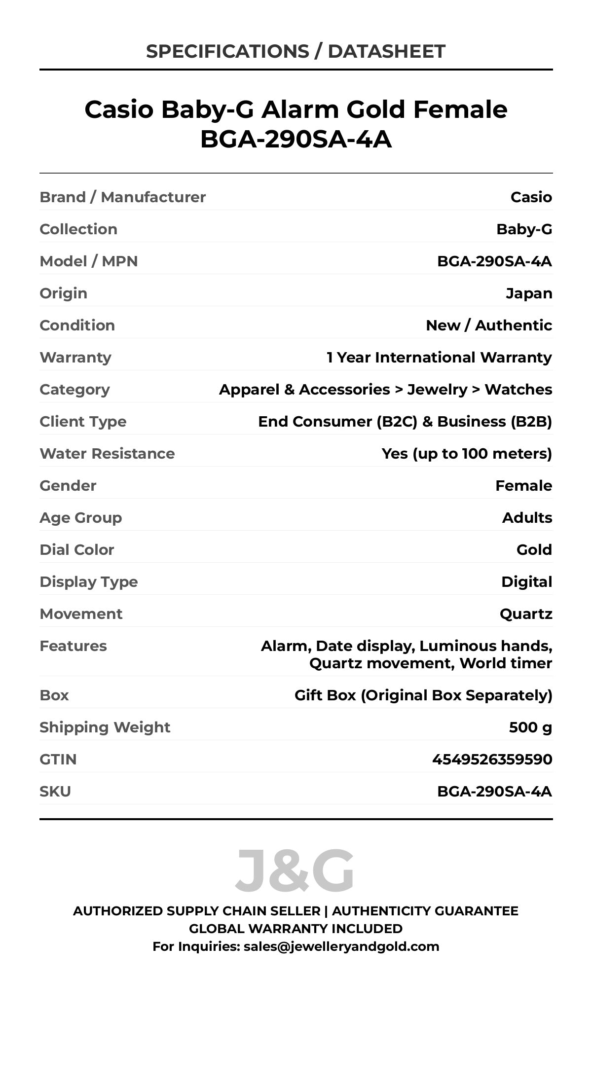 Casio Baby-G Alarm Gold Female BGA-290SA-4A - Specifications