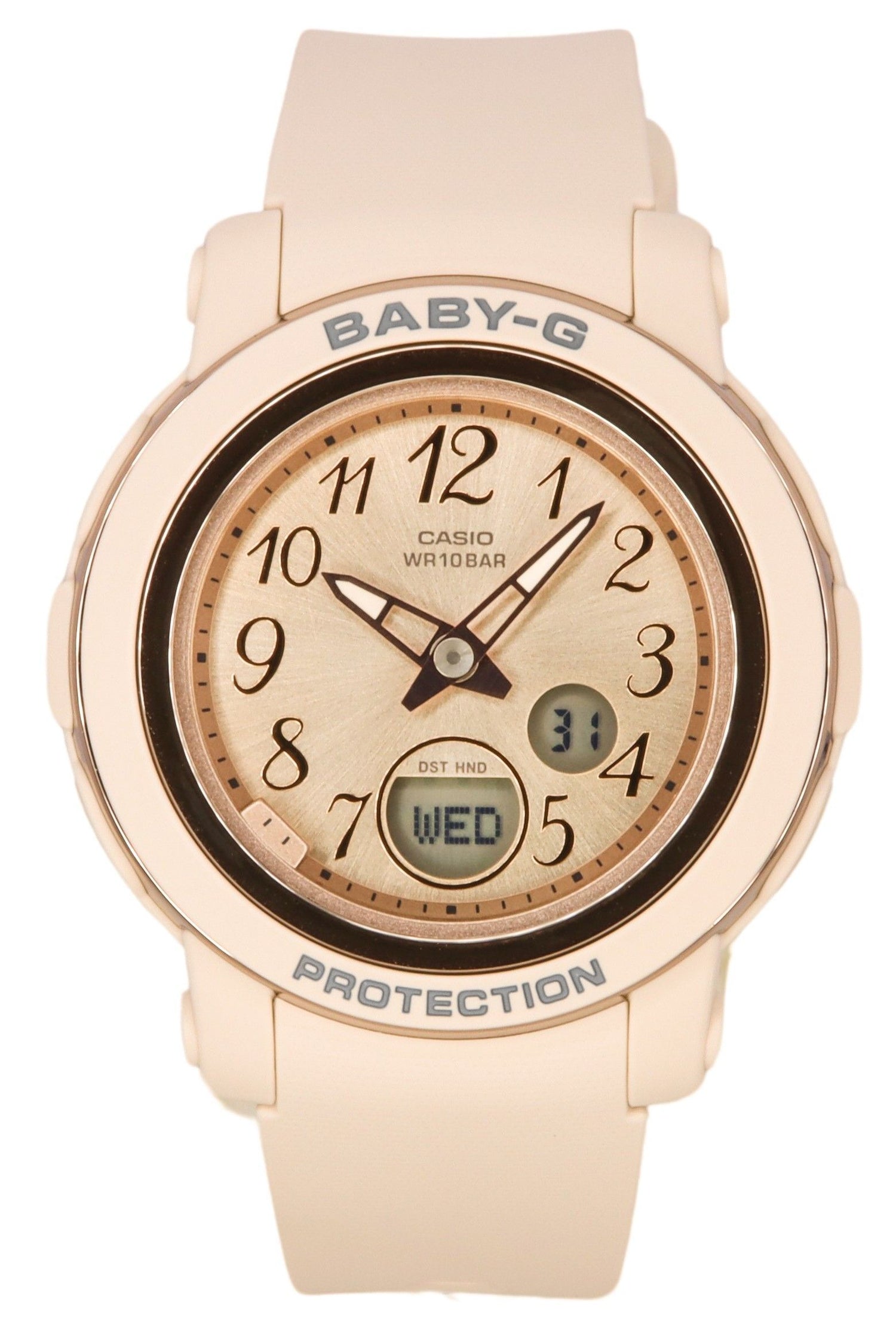 Casio Baby-G Alarm Gold Female BGA-290SA-4A. A brand-new Casio Baby-G watch featuring a Gold dial. Angled view.