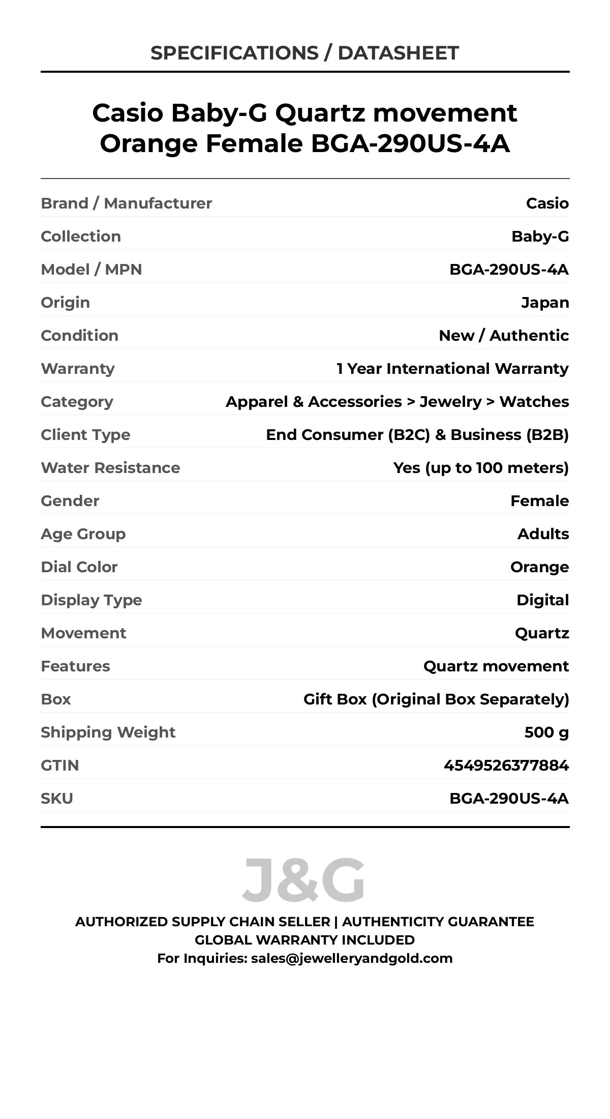 Casio Baby-G Quartz movement Orange Female BGA-290US-4A - Specifications