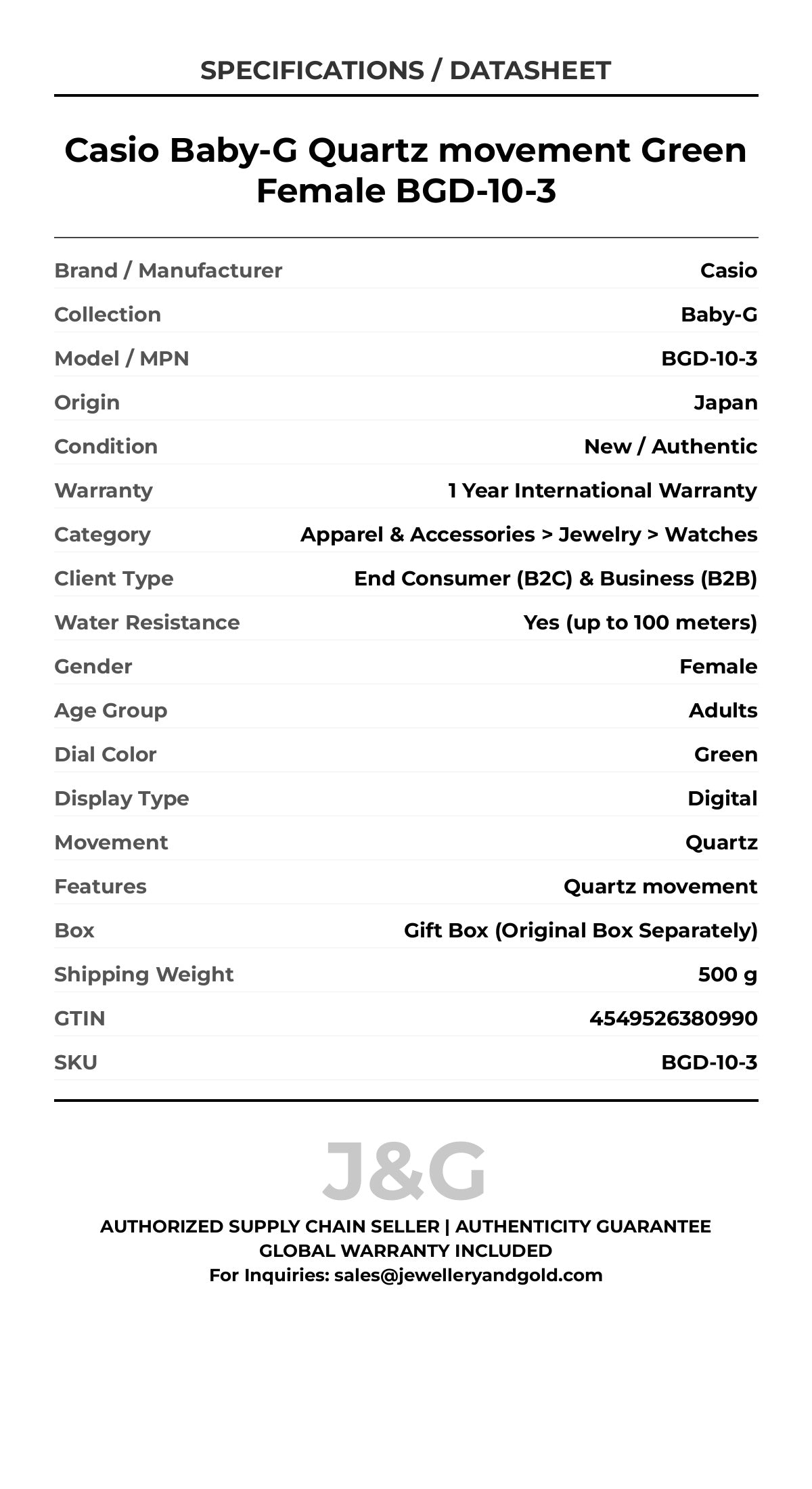 Casio Baby-G Quartz movement Green Female BGD-10-3 - Specifications