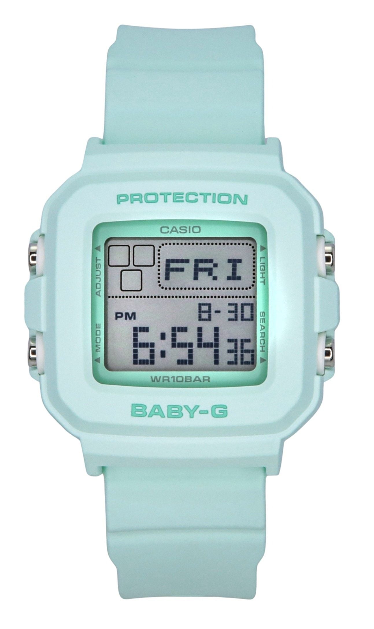 Casio Baby-G Quartz movement Green Female BGD-10-3. A brand-new Casio Baby-G watch featuring a Green dial. Front view.