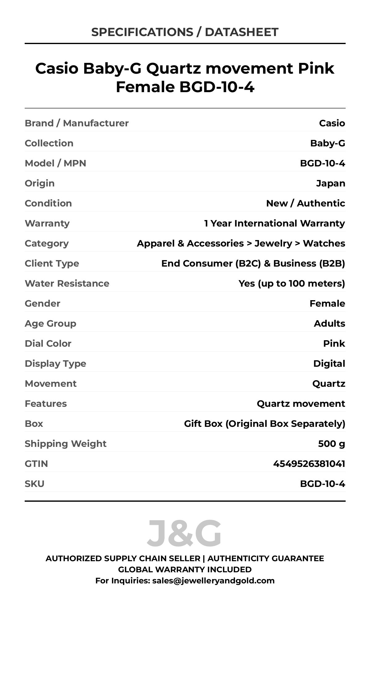 Casio Baby-G Quartz movement Pink Female BGD-10-4 - Specifications