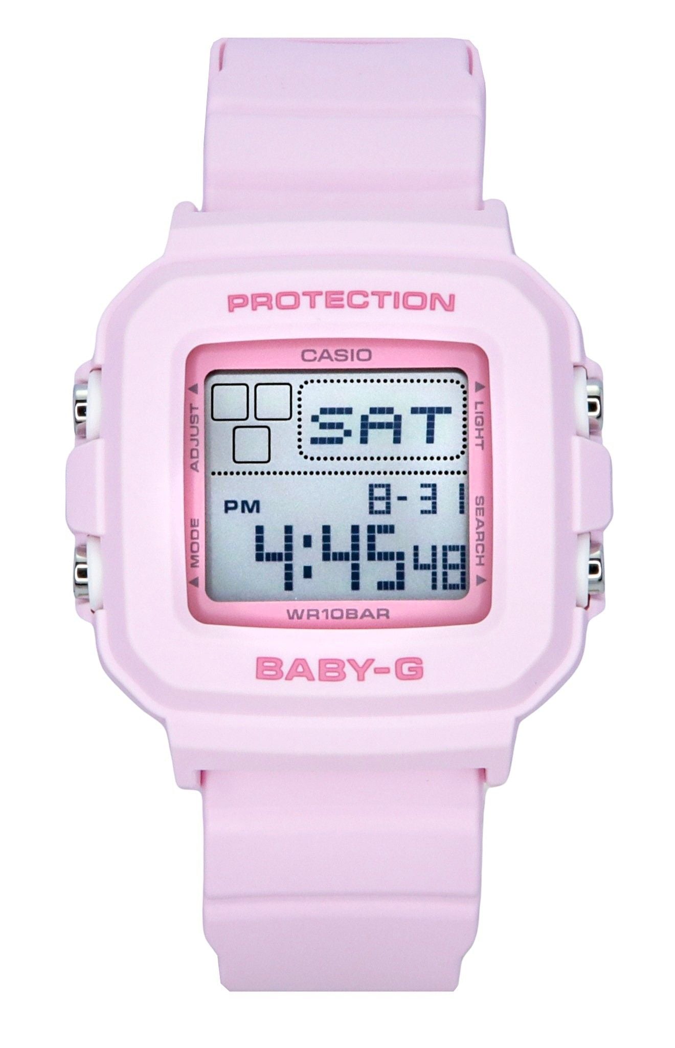 Casio Baby-G Quartz movement Pink Female BGD-10-4. A brand-new Casio Baby-G watch featuring a Pink dial. Front view.