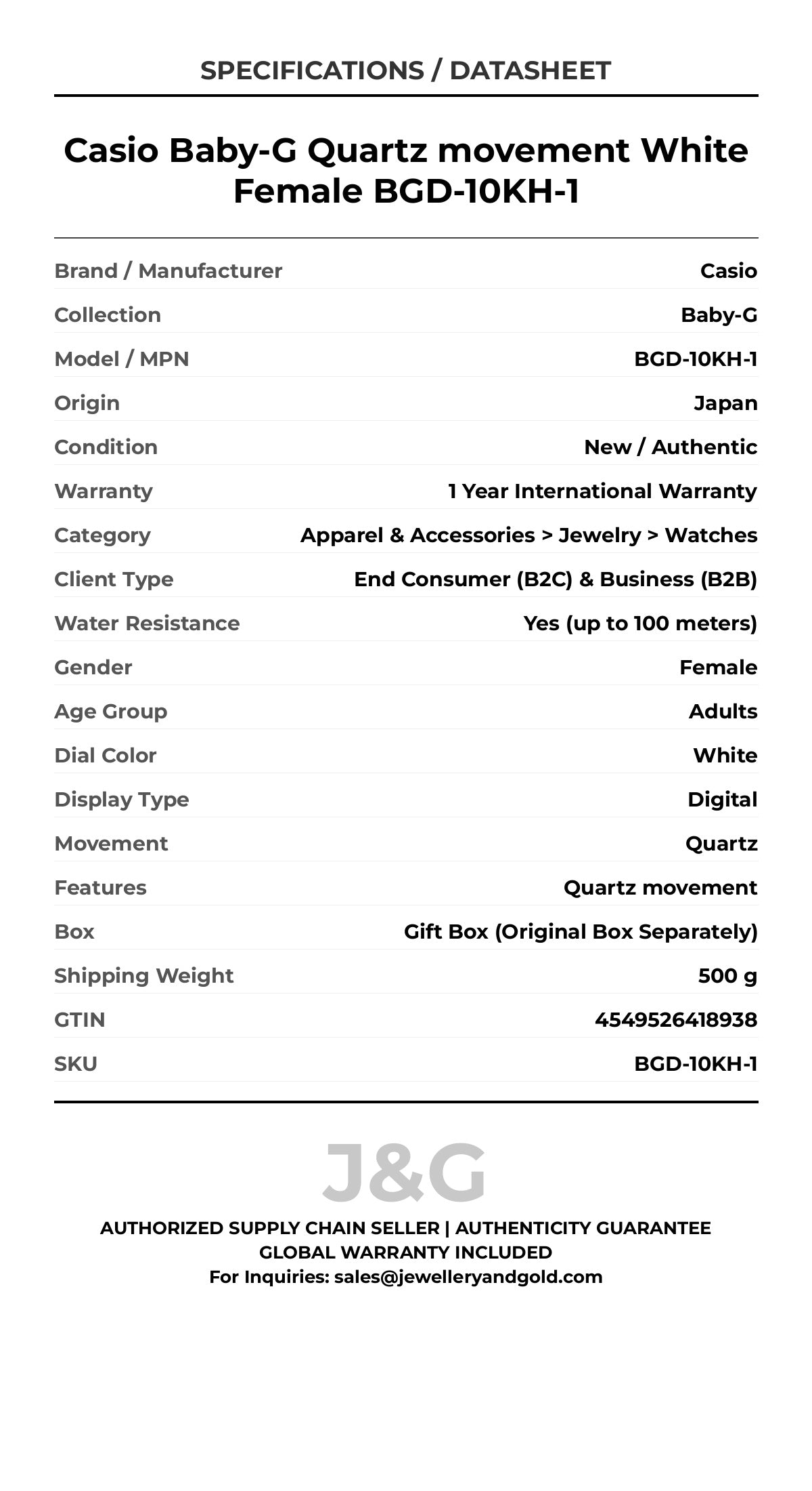 Casio Baby-G Quartz movement White Female BGD-10KH-1 - Specifications