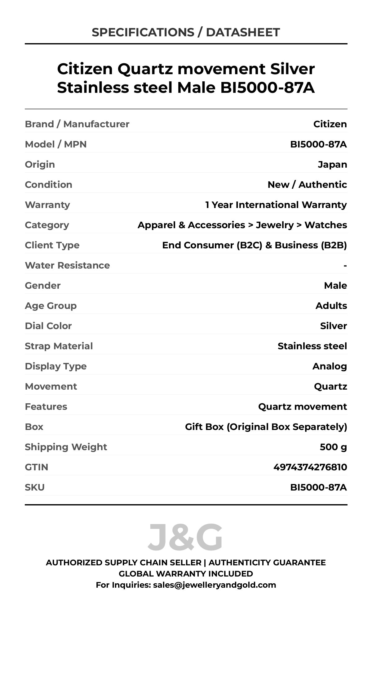 Citizen Quartz movement Silver Stainless steel Male BI5000-87A - Specifications